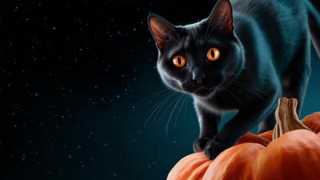Black cat with bright orange eyes steps gracefully onto a large pumpkin, symbolizing Halloween mystery for card and banner. All Hallows Eve, Samhain