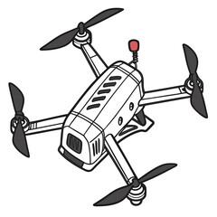 White drone with black propellers and red antenna quadcopter aerial vehicle