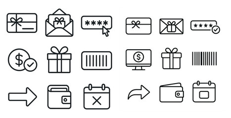Set of icons for a shopping app. The icons include a gift card, a wallet, a calendar, a barcode, and a check