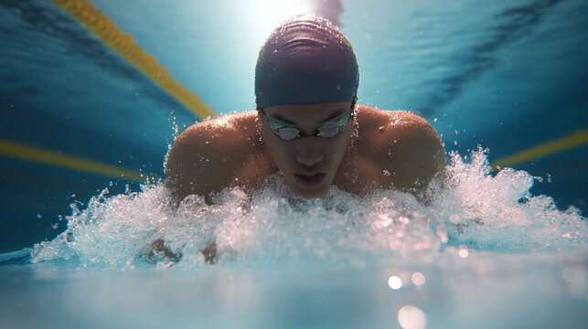 A young male swimmer with cap and goggles practices breaststroke technique