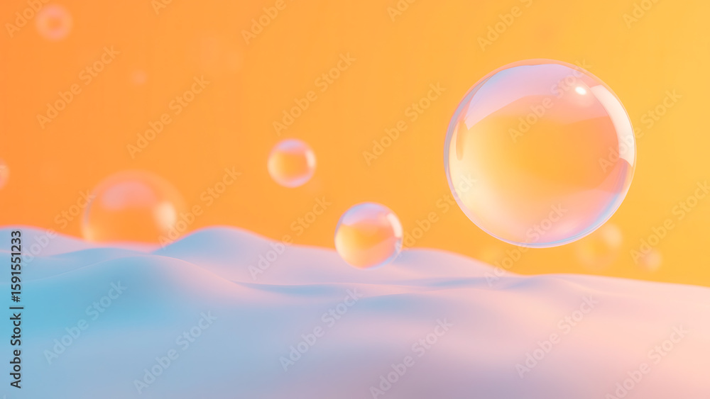 Poster soft pastel gradient background with floating bubbles and fluid surface in dreamy atmosphere