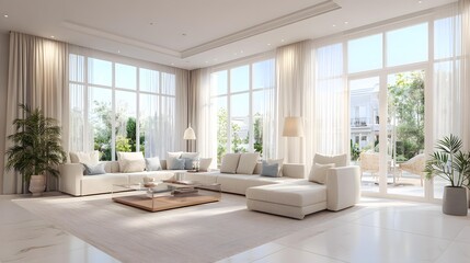 Fototapeta premium Home with large windows, sheer curtains, and soft natural light