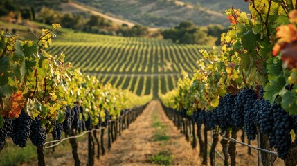 Obraz premium Rows of grapevines stretching across a vineyard.