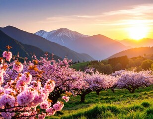 Lush cherry blossoms bloom against a mountain backdrop at sunrise
