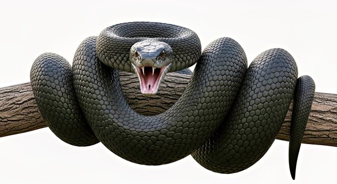 Dangerous Black Snake Coiled Branch Intense Gaze Open Mouth