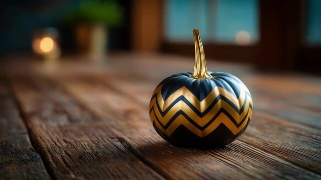 Decorative painted pumpkin with golden chevron pattern on rustic wood table. Luxury Halloween decoration copy space. All Hallows Eve, Samhain