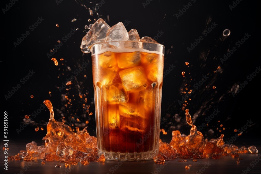 Poster ice cubes splashing into glass of cola, creating refreshing splash on black background