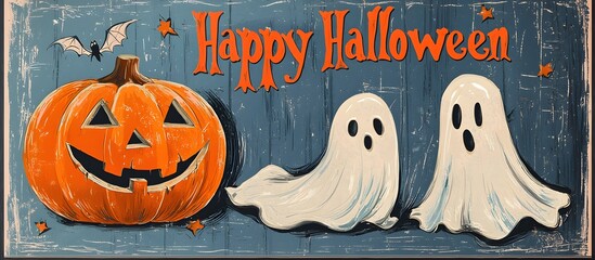 Happy Halloween: Illustration with vintage ghosts and pumpkins