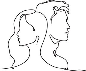 Continuous line art of male and female profiles