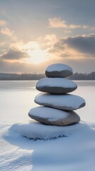 Snow Covered Rocks Stacked on Frozen Lake Shore