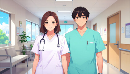 病院で働く日本人の男女2人の医師と看護師、医療、マンガ、アニメーション風のイラスト素材、生成AI画像