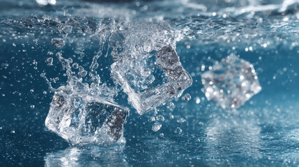 Ice cubes melting in water illustrate themes of global warming, breath training, and therapeutic practices