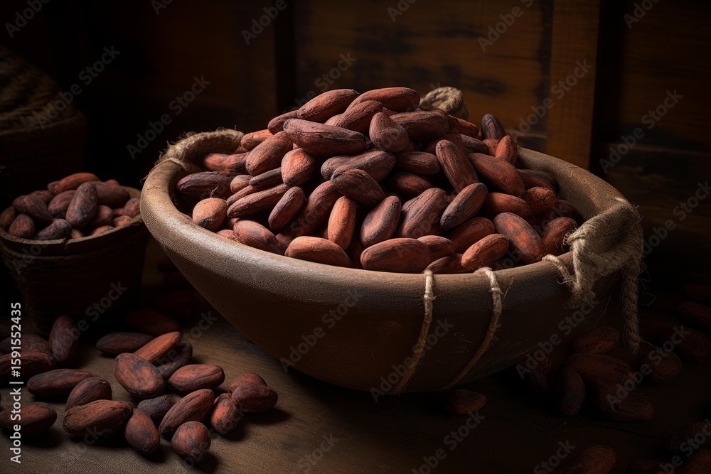Poster fresh cocoa beans spilling from a bowl, creating a captivating scene with warm lighting and a focus 