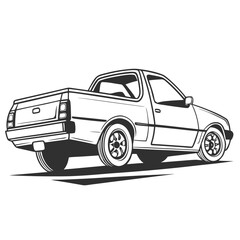 Black and white line art of a pickup truck utility vehicle