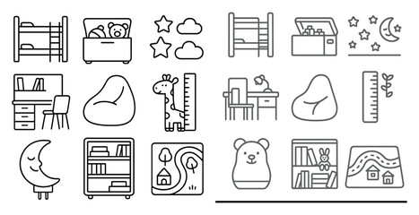 Collection of various objects that are related to a child's room, such as a bed, a dresser, a nightstand, a chair, a teddy bear, a bookshelf, a toy box, a bedside table, a