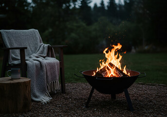 Cozy outdoor fire pit with flickering flames and comfortable seating at night