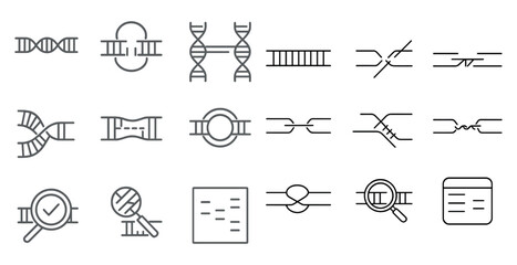 Set of DNA symbols are shown in a grid. The symbols include a DNA double helix, a DNA strand, and a DNA molecule. Scene is scientific and technical, as it represents the study of genetics and DNA