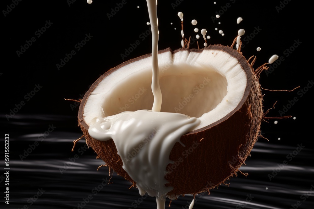 Poster coconut milk pouring and splashing into and overflowing a coconut half on a black background, creati