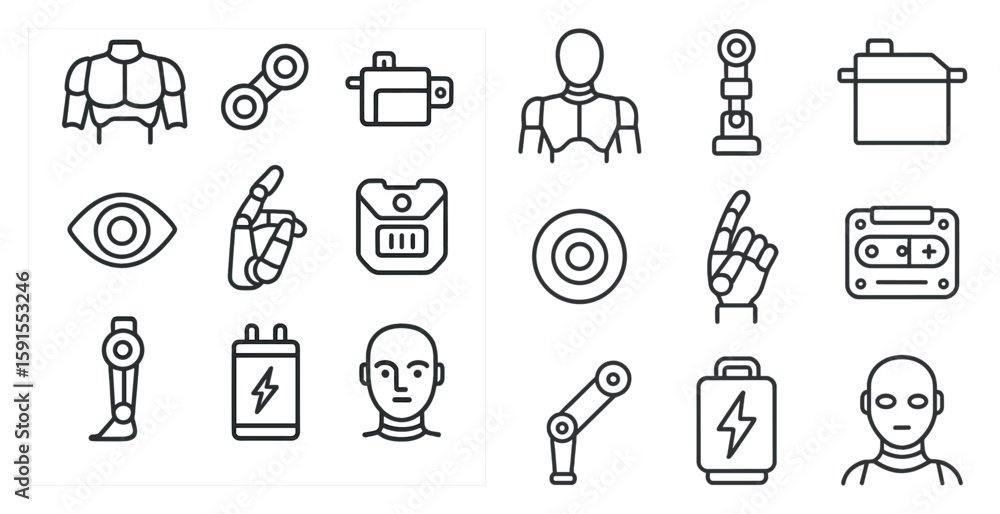 Poster collection of robot icons, including a robot with a hand pointing up, a robot with a hand pointing d