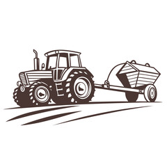 Brown tractor pulling wooden trailer across field farm agriculture