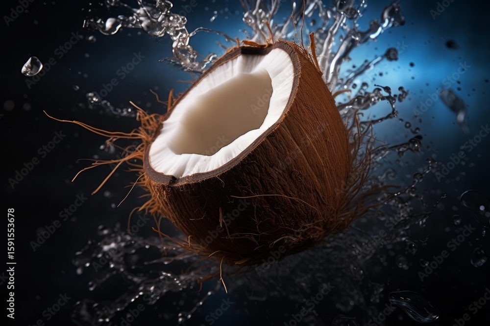 Poster fresh coconut half splashing into water, creating refreshing droplets against a dark backdrop