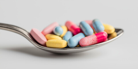 macro shot of medical pills in a spoon, expressing ideas of treatment, daily routine, and pharmaceutical industry