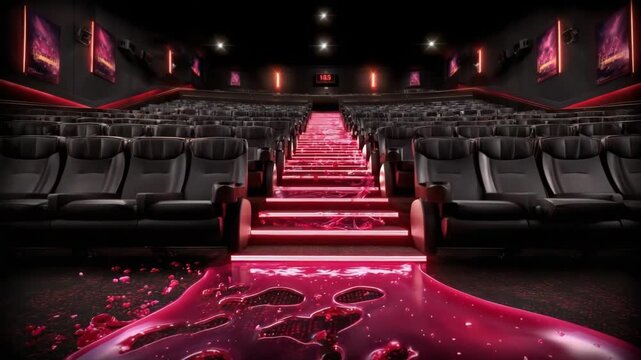 An empty modern cinema hall decorated with red neon lights and liquid flowing on the floor. Horror movie theater conceptual image for Halloween event. All Hallows Eve, Samhain