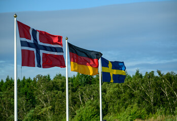Three national flags of Norway, Germany, and Sweden proudly fly in the breeze, set against a backdrop of greenery and a bright blue sky, symbolizing unity and diversity