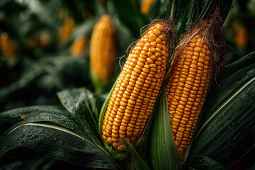 Fototapeta premium Close-up of ripe corn cobs with dew on leaves in lush green field