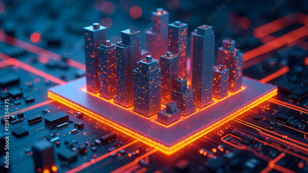 Poster futuristic cityscape on circuit board with neon lights and digital patterns in dark background