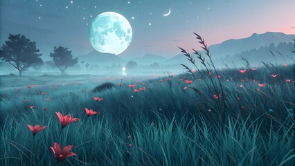 A surreal nightscape featuring a vibrant red tree in a windy meadow of teal grass under a large, textured full moon and a beautiful starry sky.