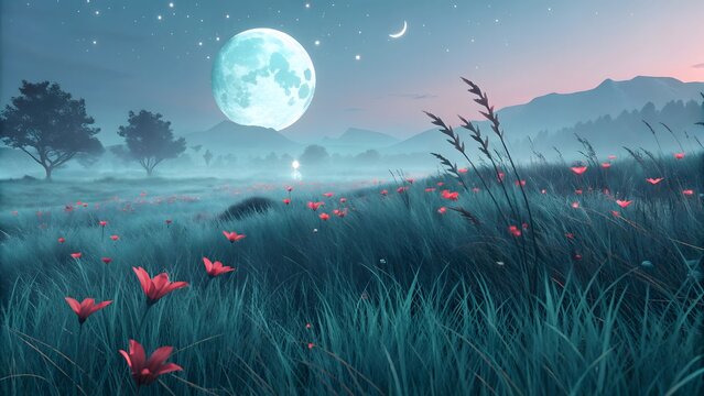 A surreal nightscape featuring a vibrant red tree in a windy meadow of teal grass under a large, textured full moon and a beautiful starry sky.
