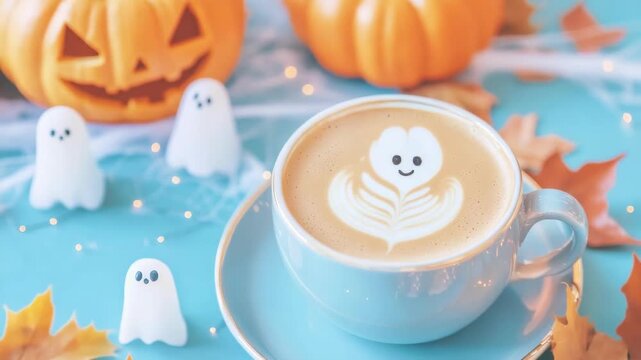 Halloween themed latte art in a cup with pumpkin and ghost decorations. Seasonal coffee drink background for holiday celebration. All Hallows Eve, Samhain