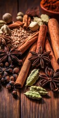Diverse Culinary Spices Displayed on Rustic Wooden Surface, Cinnamon, Anise, and Other Aromatics