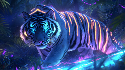 A majestic, luminous tiger strolls through a vibrant, mystical forest.  Its fur glows with electric blue and gold, while its eyes blaze with an otherworldly light.  
