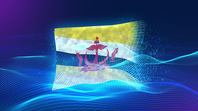 Brunei A futuristic digital background merging with a national flag symbol, representing the concept of technology, innovation, and digital transformation while preserving cultural identity.