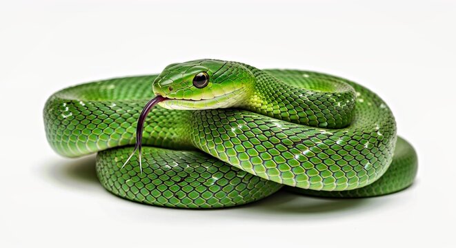 Striking Snake Sticking Out Tongue Coiled White Background