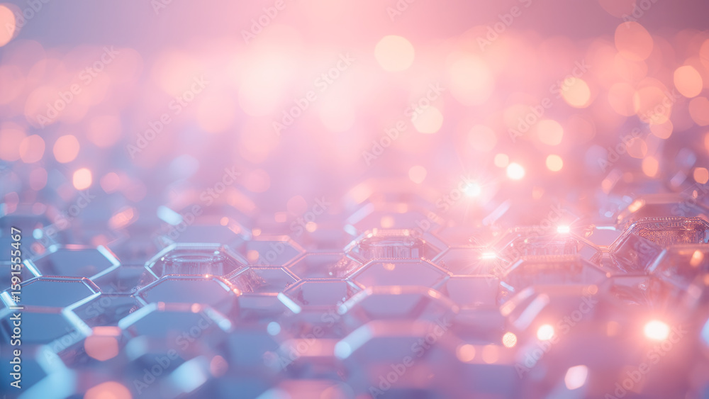 Poster vibrant hexagonal grid with bright bokeh and soft lighting effects for abstract background design