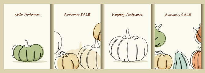 Set of autumn backgrounds with pumpkins. Poster or cover in soft colors. Vector for flyers, postcards, design, social media, and advertising.
