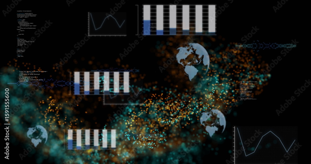 Poster swirling data cloud sweeping diagonally in virtual data space, with charts and graphs, globes and