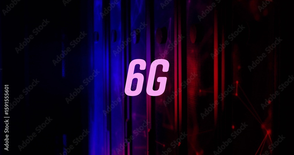 Poster displaying central 6g label glowing in digital studio, with gradient panels and network nodes