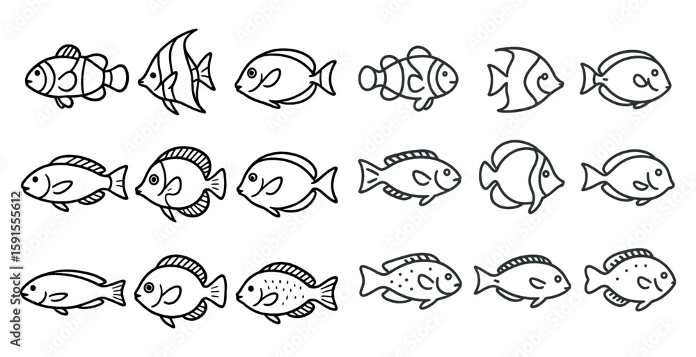 Poster series of fish in black and white. the fish are all different sizes and shapes. some are small and r