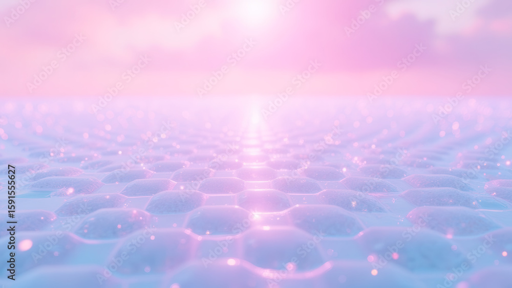 Poster serene abstract landscape with hexagonal patterns and gentle light at horizon during sunset