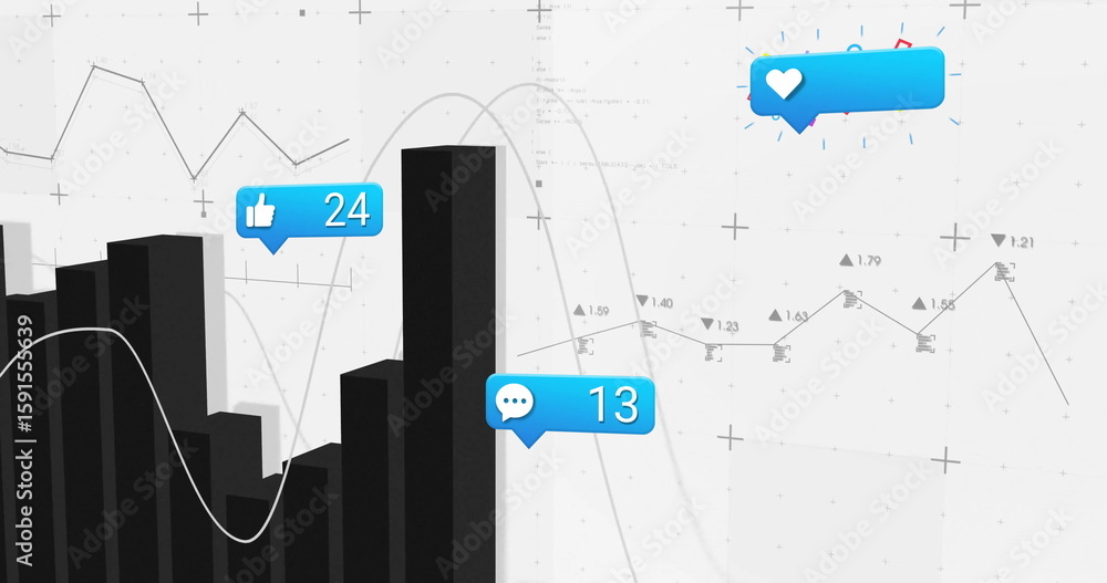 Poster displaying black bar chart showing speech bubble metrics with line graphs on dashboard, copy space