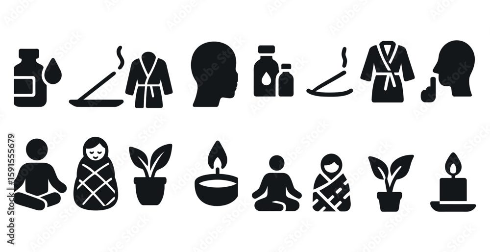 Poster collection of black and white icons that represent various activities and objects related to relaxat