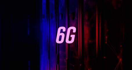 Displaying central 6G label glowing in digital studio, with gradient panels and network nodes