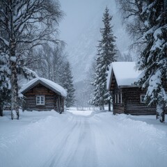 Naklejka premium Snowy winter landscape with cabins