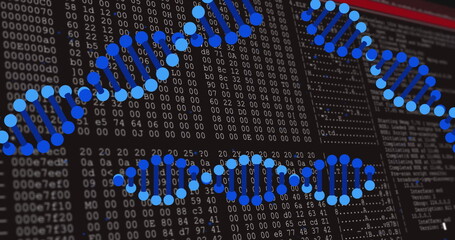 Displaying blue DNA helix overlay on monitor display, showing hexadecimal code and system log text