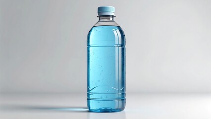 A clear plastic bottle filled with refreshing blue water, capped and standing upright on a bright, neutral surface.
