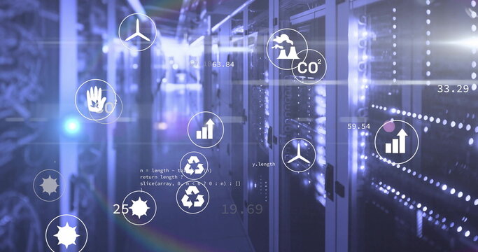 Glowing server network cabinets flashing LED lights in datacenter, with eco icons, code fragments